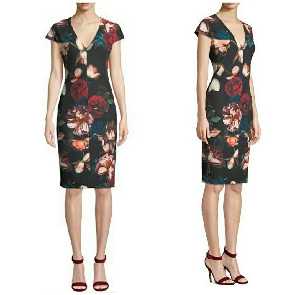 Black Halo Floral-Print Short -Sleeve Sheat Dress - Picture 2 of 6
